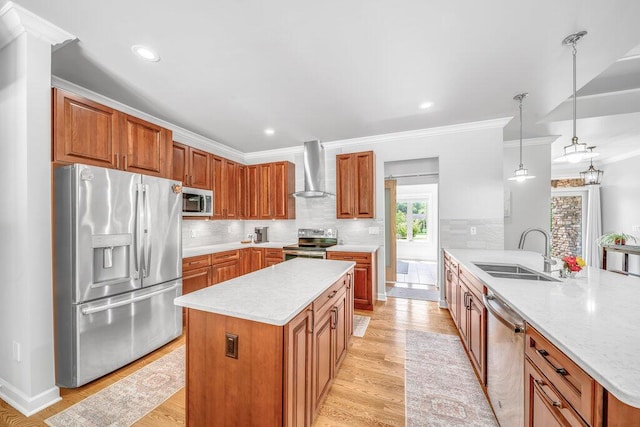 6143 Pheasant Ct, Berrien Springs, MI 49103 - kitchen featuring stainless steel appliances, wall chimney range hood, crown molding, a peninsula, and light wood finished floors
