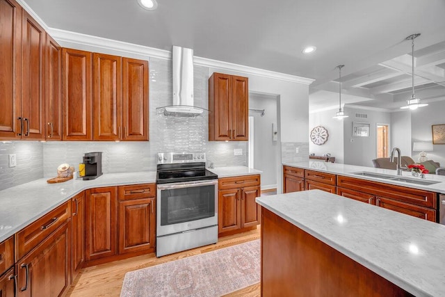 6143 Pheasant Ct, Berrien Springs, MI 49103 - kitchen featuring stainless steel range with electric stovetop, wall chimney range hood, light wood finished floors, coffered ceiling, and pendant lighting