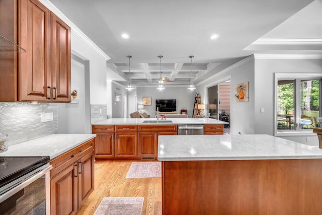 6143 Pheasant Ct, Berrien Springs, MI 49103 - kitchen featuring light wood-style flooring, dishwasher, open floor plan, coffered ceiling, and tasteful backsplash