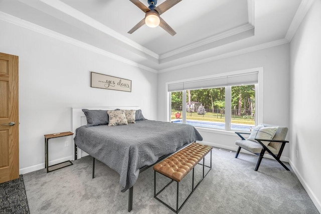 6143 Pheasant Ct, Berrien Springs, MI 49103 - carpeted bedroom with a raised ceiling, crown molding, and ceiling fan