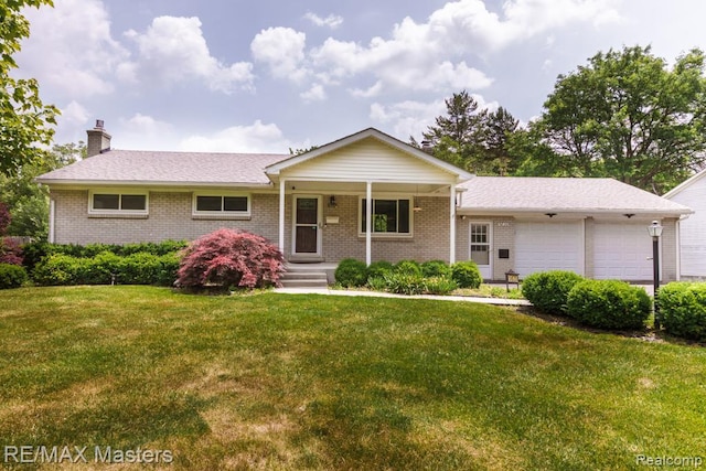 5820 Houghten Dr, Troy, MI 48098 - single story home featuring a garage, a chimney, brick siding, a front yard, and a porch