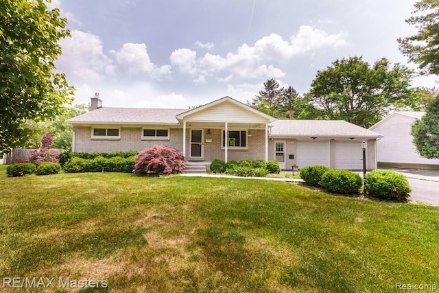 5820 Houghten Dr, Troy, MI 48098 - ranch-style home featuring a garage, a chimney, brick siding, a front yard, and concrete driveway