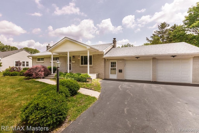 5820 Houghten Dr, Troy, MI 48098 - ranch-style home with brick siding, a garage, a chimney, driveway, and a front lawn