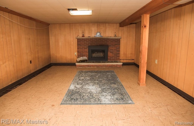 5820 Houghten Dr, Troy, MI 48098 - unfurnished living room with wood walls and a fireplace