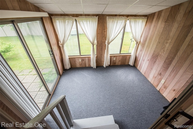 62622 Raleigh Ct Unit 4, South Lyon, MI 48178 - unfurnished sunroom featuring wood walls, carpet, and a drop ceiling