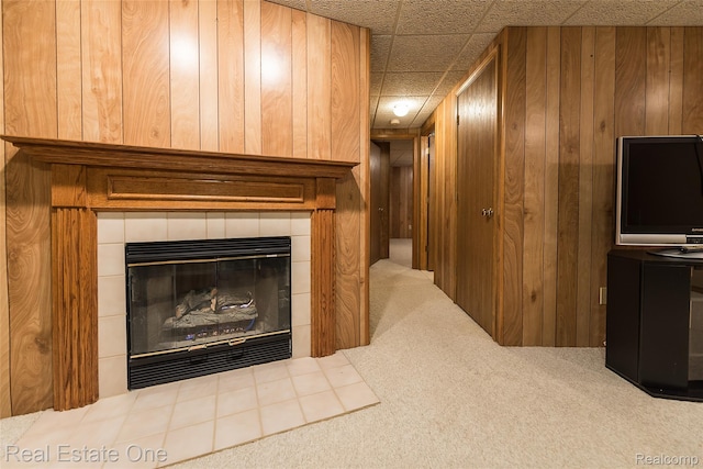 62622 Raleigh Ct Unit 4, South Lyon, MI 48178 - detailed view of a tile fireplace, carpet floors, and wooden walls