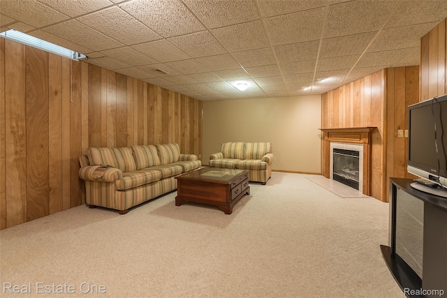 62622 Raleigh Ct Unit 4, South Lyon, MI 48178 - carpeted living area with wood walls and a tiled fireplace