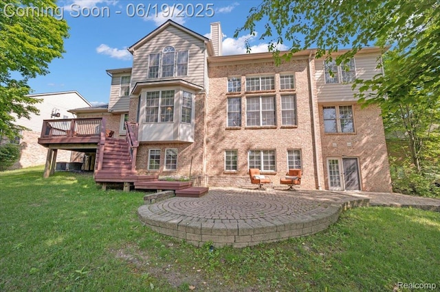 43443 Mclean Ct, Novi, MI 48375 - back of house with a wooden deck, a yard, stairs, a patio, and a chimney