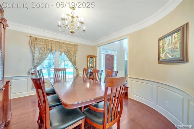 43443 Mclean Ct, Novi, MI 48375 - dining room with crown molding, a chandelier, dark wood-style flooring, a decorative wall, and wainscoting