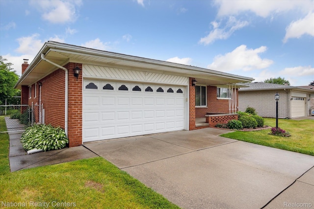 13142 Boca Grande Dr, Sterling Heights, MI 48312 - ranch-style house with brick siding, a garage, concrete driveway, and a chimney