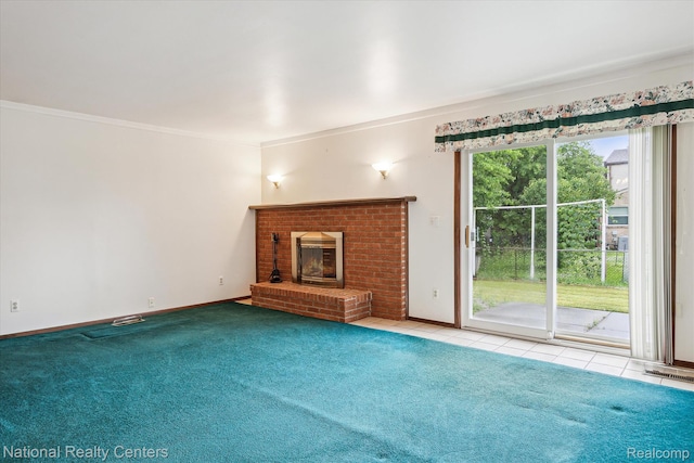 13142 Boca Grande Dr, Sterling Heights, MI 48312 - unfurnished living room featuring a brick fireplace, carpet floors, ornamental molding, and tile patterned floors