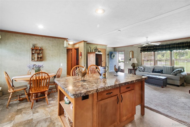 501 Kinloch, Temperance, MI 48182 - kitchen featuring open shelves, a center island, crown molding, open floor plan, and a ceiling fan