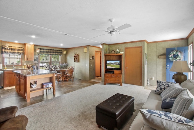 501 Kinloch, Temperance, MI 48182 - living area featuring ceiling fan, recessed lighting, and crown molding