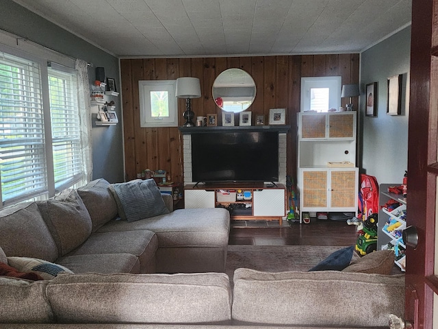 1908 Lakeway Ave, Kalamazoo, MI 49001 - living area featuring wooden walls, healthy amount of natural light, crown molding, and wood finished floors