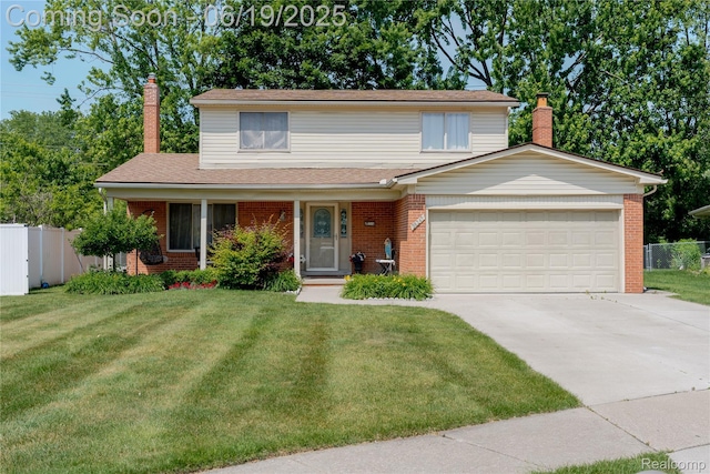 38247 Forsdale Dr, Sterling Heights, MI 48310 - traditional home featuring a chimney, a garage, concrete driveway, and brick siding