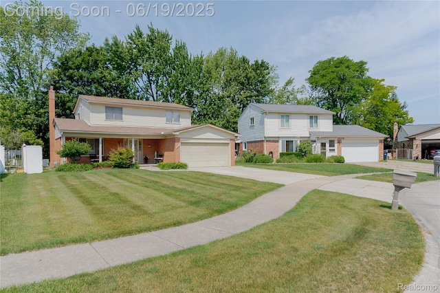 38247 Forsdale Dr, Sterling Heights, MI 48310 - traditional-style home with a porch, brick siding, a chimney, a garage, and driveway