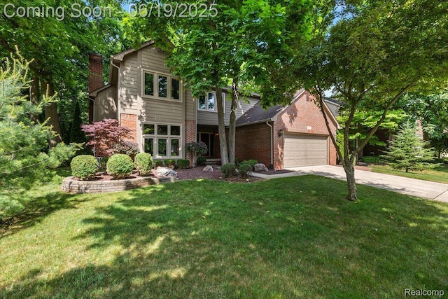 2082 Avon Lake Ln, Rochester Hills, MI 48307 - view of front facade with an attached garage, concrete driveway, brick siding, a front yard, and a chimney