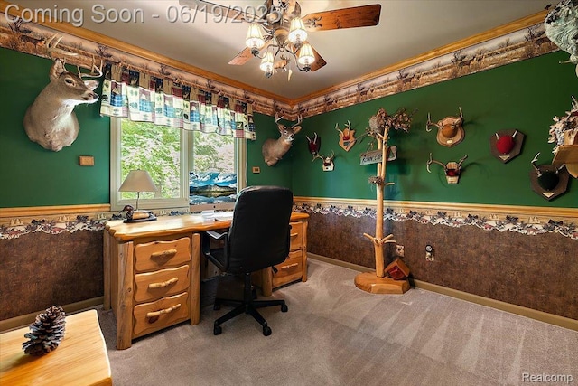 2082 Avon Lake Ln, Rochester Hills, MI 48307 - carpeted office space featuring a wainscoted wall, ceiling fan, and ornamental molding