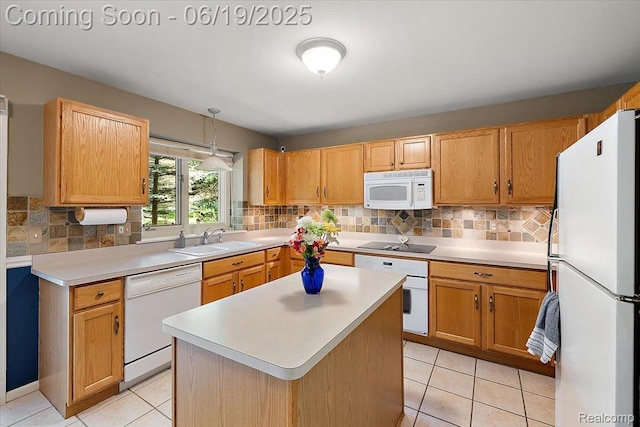 2082 Avon Lake Ln, Rochester Hills, MI 48307 - kitchen with white appliances, light tile patterned floors, light countertops, tasteful backsplash, and pendant lighting
