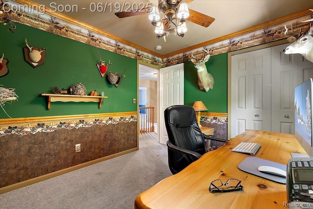 2082 Avon Lake Ln, Rochester Hills, MI 48307 - carpeted office space featuring a ceiling fan, a wainscoted wall, and ornamental molding