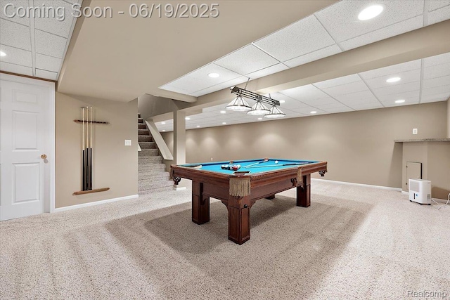 2082 Avon Lake Ln, Rochester Hills, MI 48307 - playroom featuring carpet, billiards, a drop ceiling, and recessed lighting