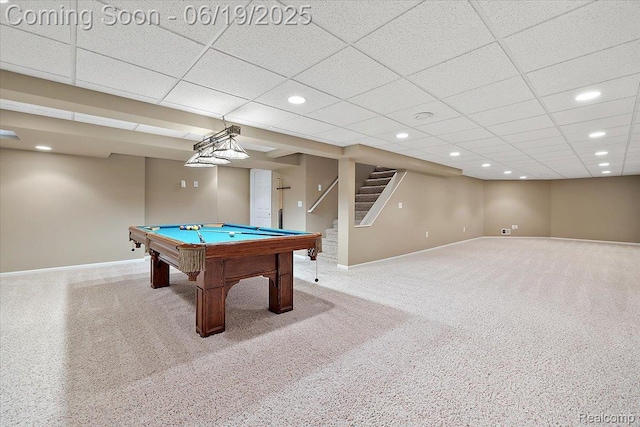 2082 Avon Lake Ln, Rochester Hills, MI 48307 - game room featuring pool table, recessed lighting, carpet floors, and a drop ceiling