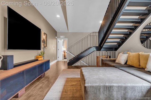 2648 John R St, Detroit, MI 48201 - living area with light wood-style flooring, stairway, and recessed lighting