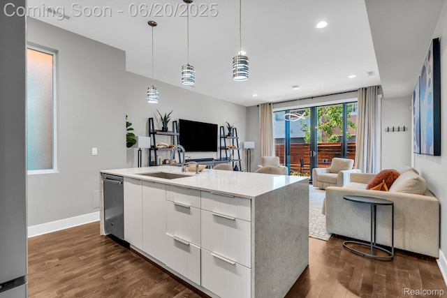2648 John R St, Detroit, MI 48201 - kitchen with dishwasher, white cabinetry, dark wood-style flooring, open floor plan, and a center island with sink