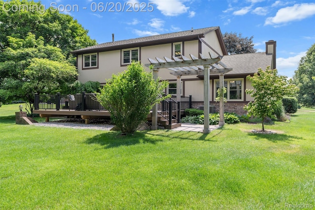 2206 Estates Dr, Highland, MI 48357 - back of house featuring a pergola, a wooden deck, a chimney, a yard, and a shingled roof