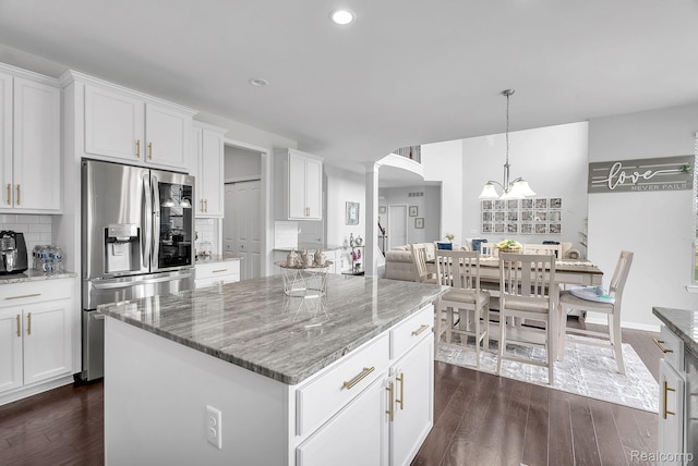 50432 Maywood, Dearborn, MI 48188 - kitchen featuring stainless steel fridge, dark wood-style flooring, backsplash, white cabinetry, and recessed lighting