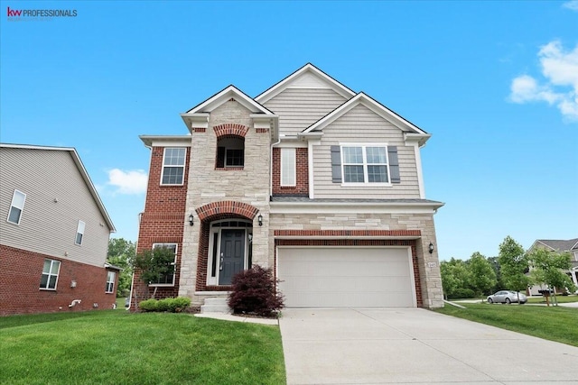 945 Reef Dr, Canton, MI 48187 - view of front facade featuring stone siding, a front yard, a garage, and concrete driveway