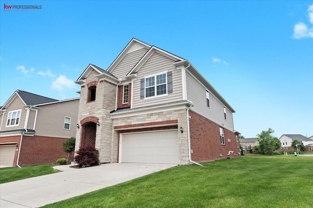 945 Reef Dr, Canton, MI 48187 - traditional home with an attached garage, stone siding, a front yard, and driveway