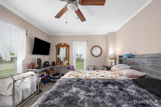 204 Maple St, Durand, MI 48429 - carpeted bedroom featuring ornamental molding and ceiling fan