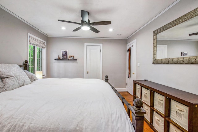 1515 E Stadium Blvd, Ann Arbor, MI 48104 - bedroom featuring wood finished floors, crown molding, recessed lighting, a ceiling fan, and access to outside