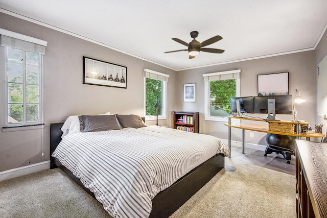 1515 E Stadium Blvd, Ann Arbor, MI 48104 - bedroom with carpet flooring, multiple windows, ornamental molding, an office area, and a ceiling fan