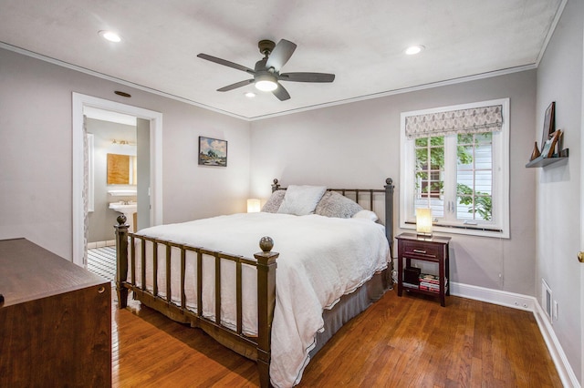 1515 E Stadium Blvd, Ann Arbor, MI 48104 - bedroom featuring hardwood / wood-style floors, crown molding, recessed lighting, ceiling fan, and ensuite bathroom