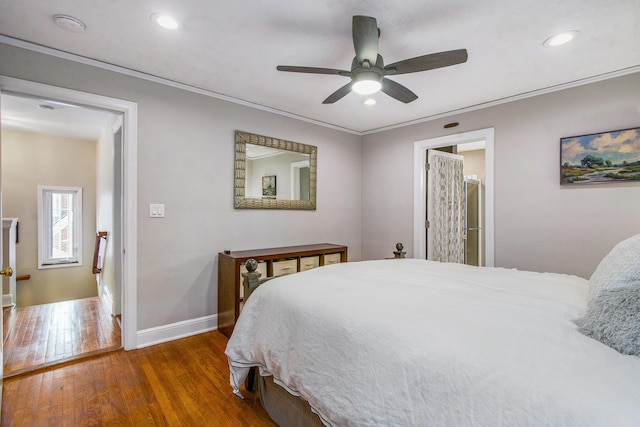 1515 E Stadium Blvd, Ann Arbor, MI 48104 - bedroom with wood finished floors, recessed lighting, crown molding, and ceiling fan
