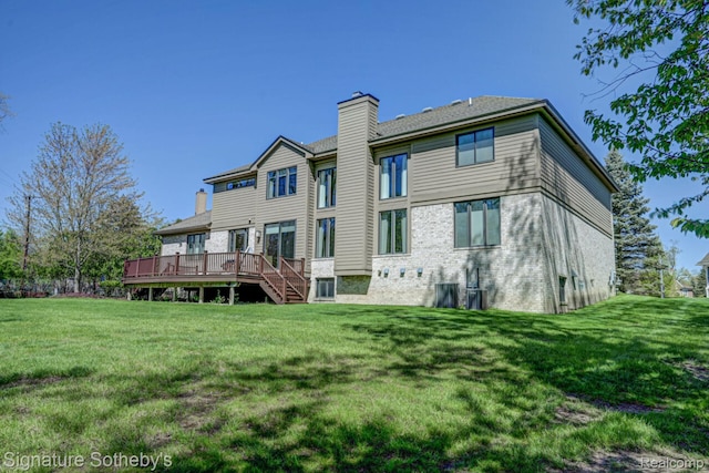 3225 Legacy Ct, West Bloomfield, MI 48323 - back of house with a chimney, a deck, a yard, and stairs