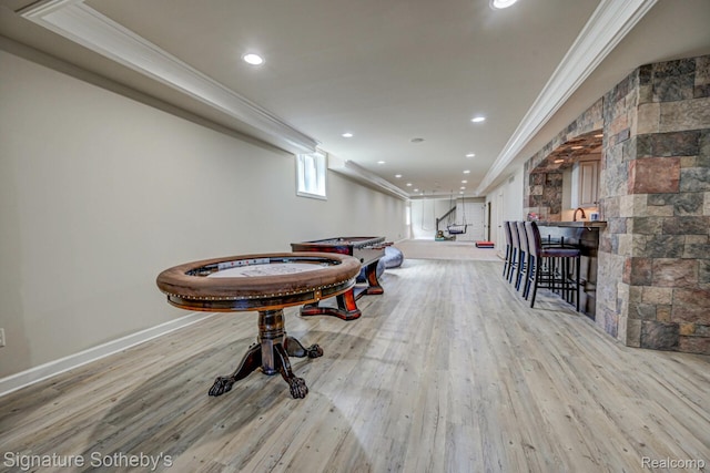 3225 Legacy Ct, West Bloomfield, MI 48323 - rec room with crown molding, wood finished floors, a bar, and recessed lighting