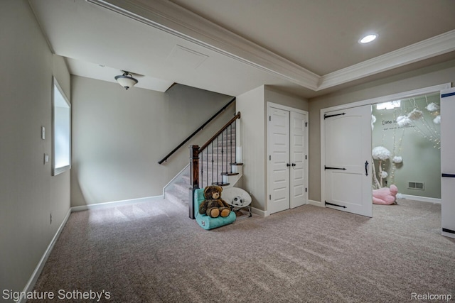 3225 Legacy Ct, West Bloomfield, MI 48323 - foyer entrance with ornamental molding, carpet, stairway, and recessed lighting