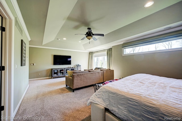 3225 Legacy Ct, West Bloomfield, MI 48323 - carpeted bedroom featuring a raised ceiling, ornamental molding, recessed lighting, and ceiling fan