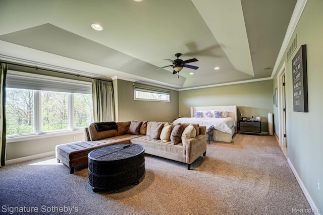 3225 Legacy Ct, West Bloomfield, MI 48323 - bedroom with light colored carpet, recessed lighting, a tray ceiling, ceiling fan, and ornamental molding