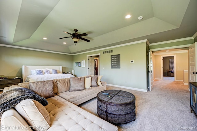 3225 Legacy Ct, West Bloomfield, MI 48323 - bedroom with a tray ceiling, carpet flooring, recessed lighting, crown molding, and a ceiling fan