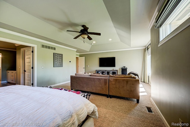 3225 Legacy Ct, West Bloomfield, MI 48323 - carpeted bedroom with ornamental molding, recessed lighting, a raised ceiling, and a ceiling fan