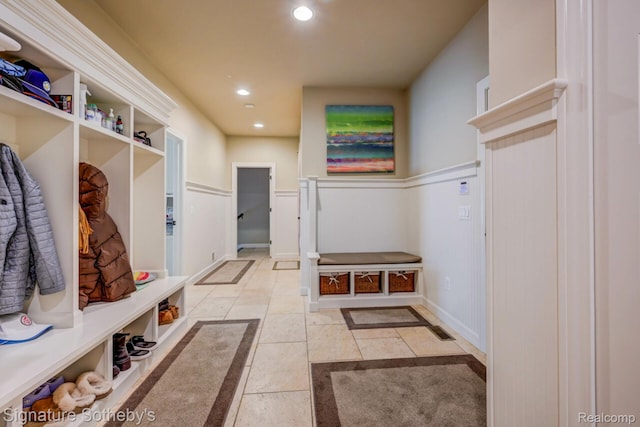 3225 Legacy Ct, West Bloomfield, MI 48323 - mudroom featuring recessed lighting, inlaid floor details, wainscoting, and tile patterned flooring