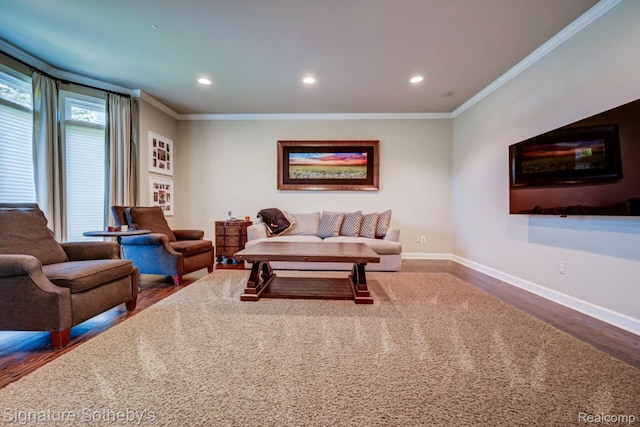 3225 Legacy Ct, West Bloomfield, MI 48323 - living area featuring crown molding, wood finished floors, and recessed lighting