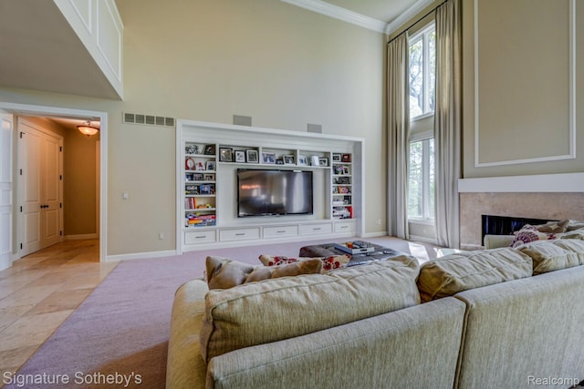 3225 Legacy Ct, West Bloomfield, MI 48323 - living area featuring a high ceiling, crown molding, healthy amount of natural light, light colored carpet, and light tile patterned flooring