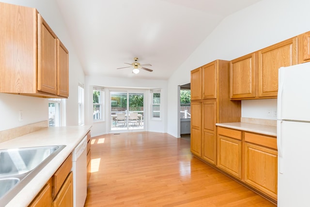 4351 Knollcrest Dr, Ann Arbor, MI 48108 - kitchen with white appliances, lofted ceiling, a ceiling fan, light wood-style floors, and light countertops
