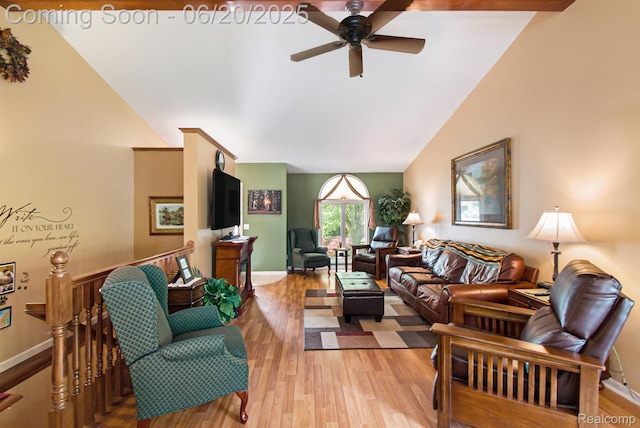 6073 Belmont Ct E, Grand Blanc, MI 48439 - living area with a ceiling fan, light wood finished floors, and high vaulted ceiling