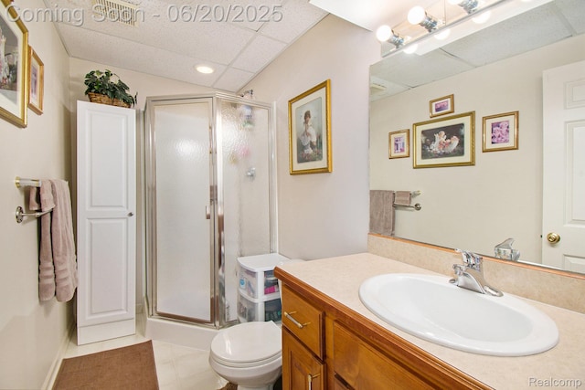 6073 Belmont Ct E, Grand Blanc, MI 48439 - full bath with a stall shower, vanity, tile patterned floors, recessed lighting, and a paneled ceiling